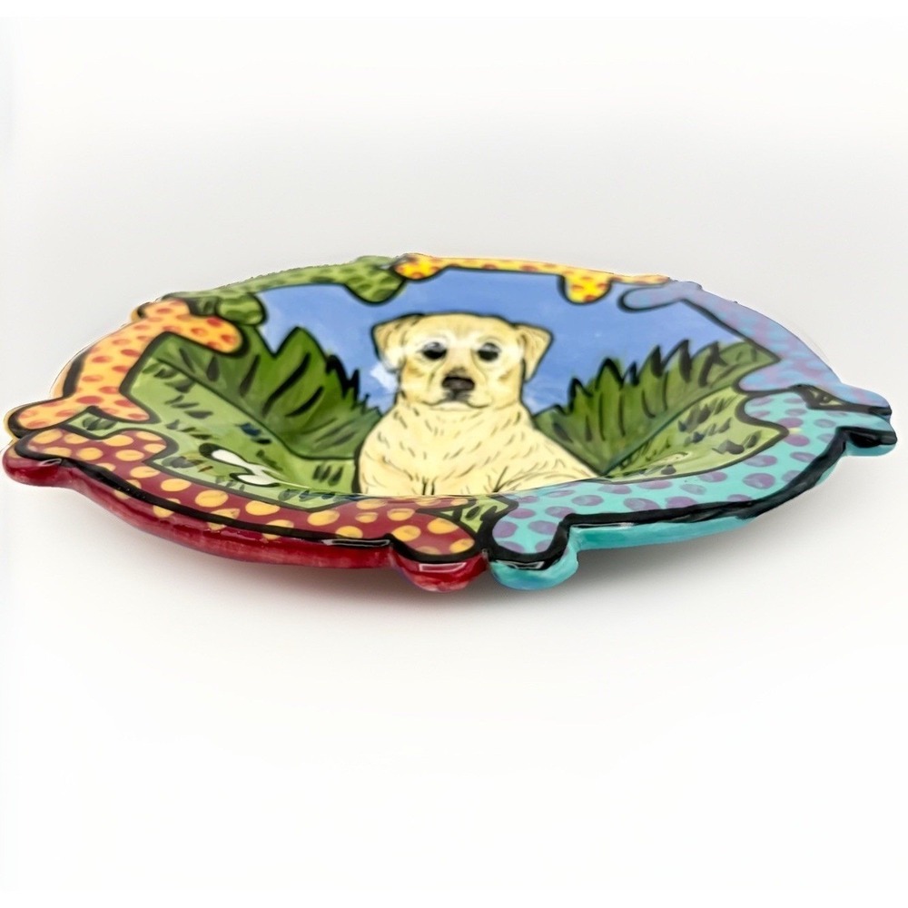 Hand-Painted Yellow Lab Pottery Colorful Bones Border Signed Art Dog Lover Gift - Picture 3 of 6